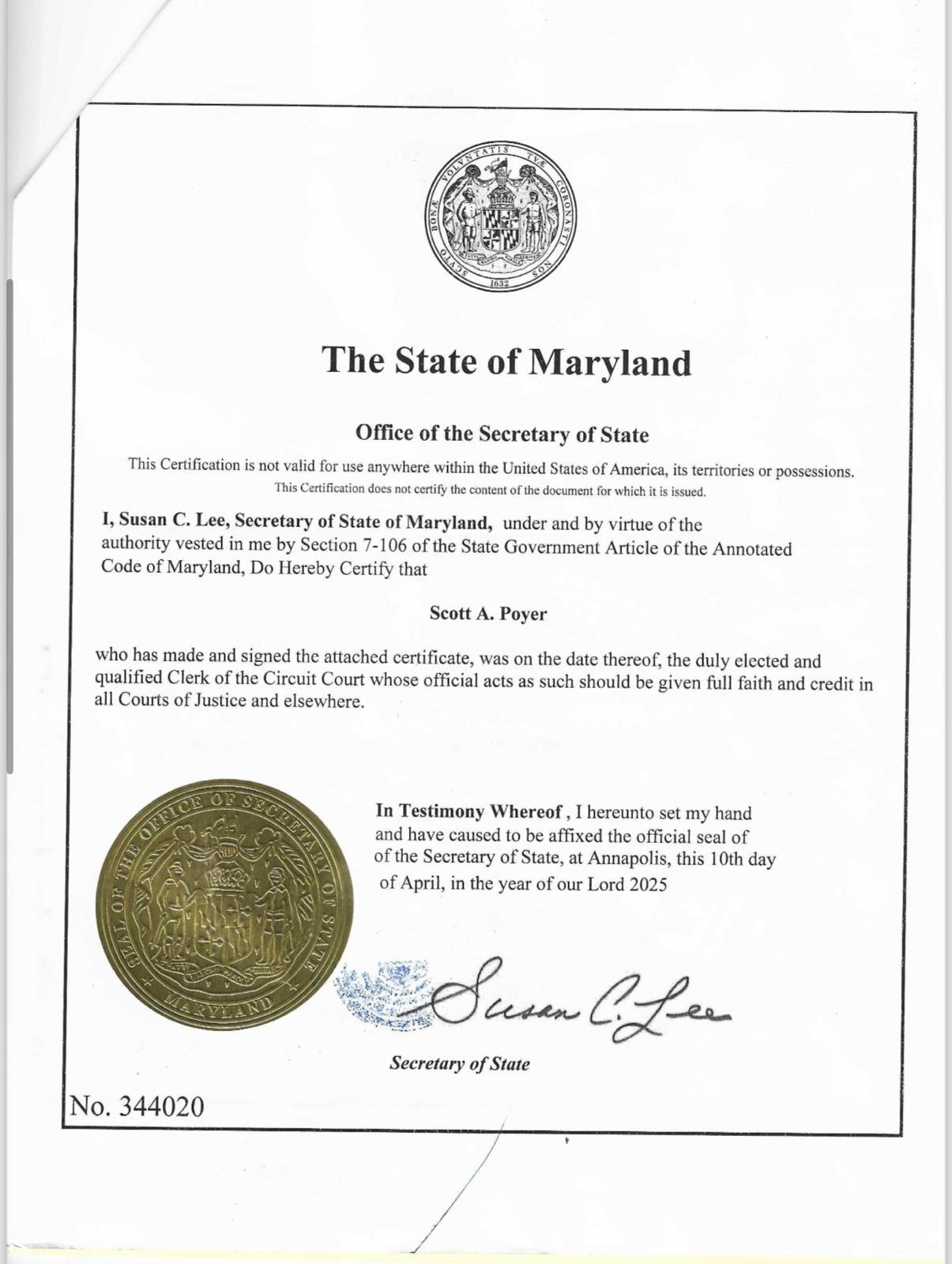 Secretary of State Certification