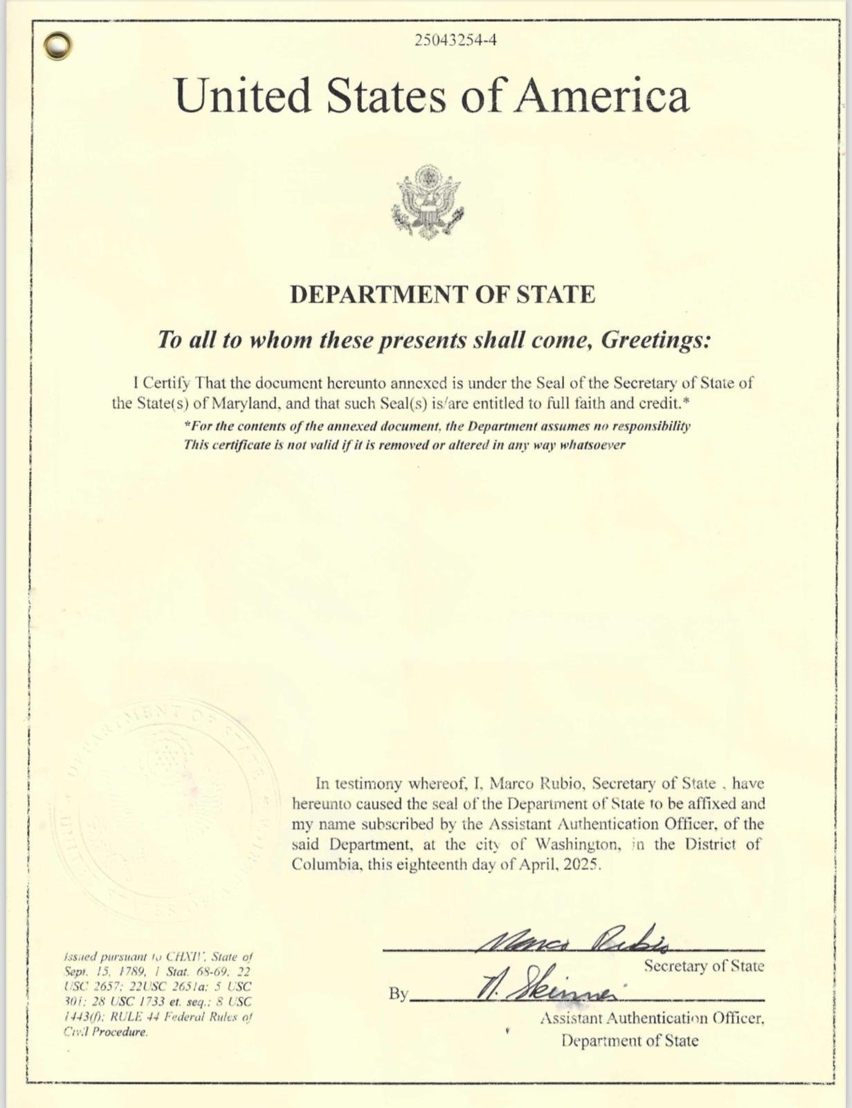 U.S. Department of State Authentication